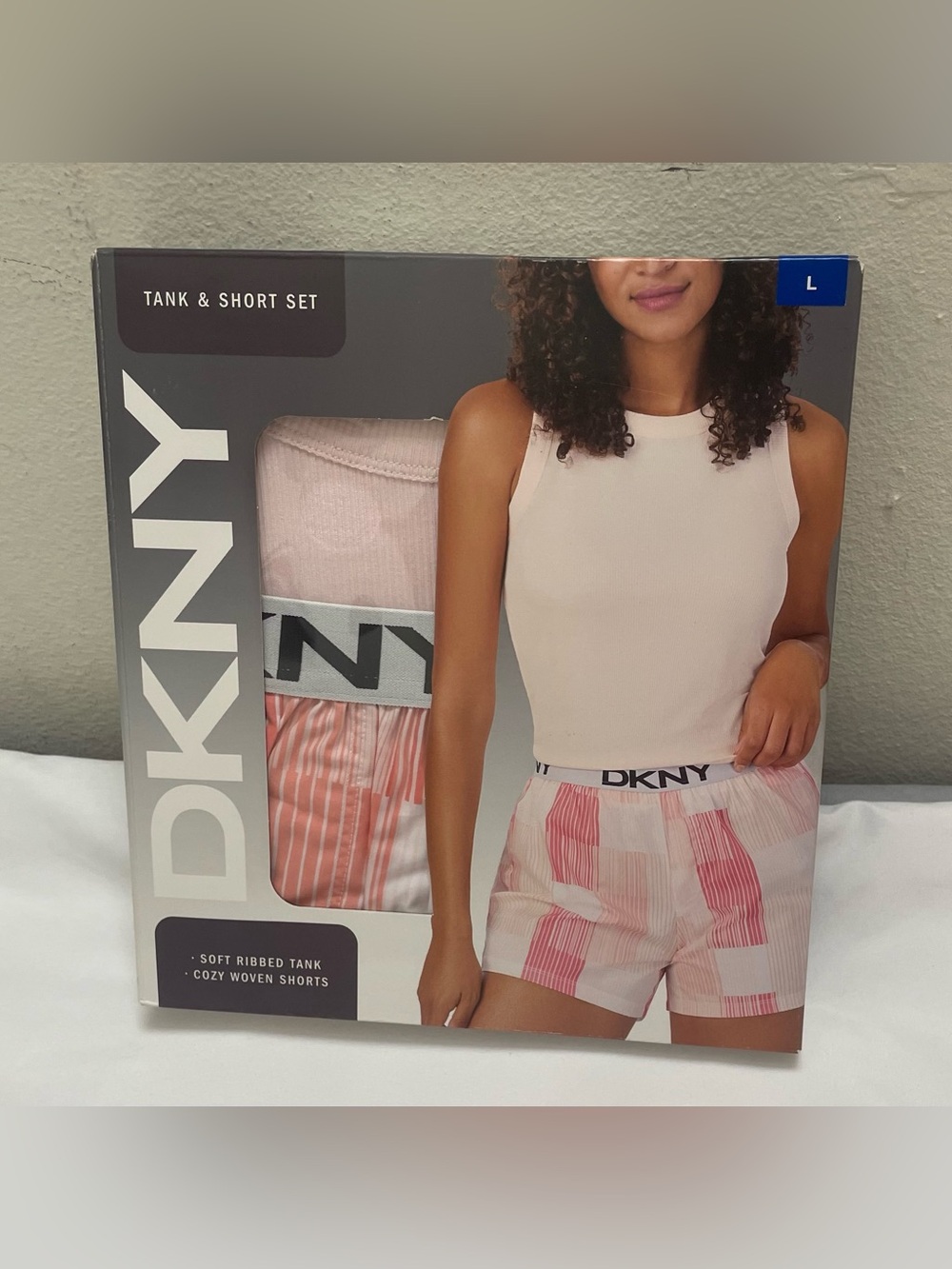 DKNY Light Pink Ribbed Tank with Pink Patterned Shorts Set New Large